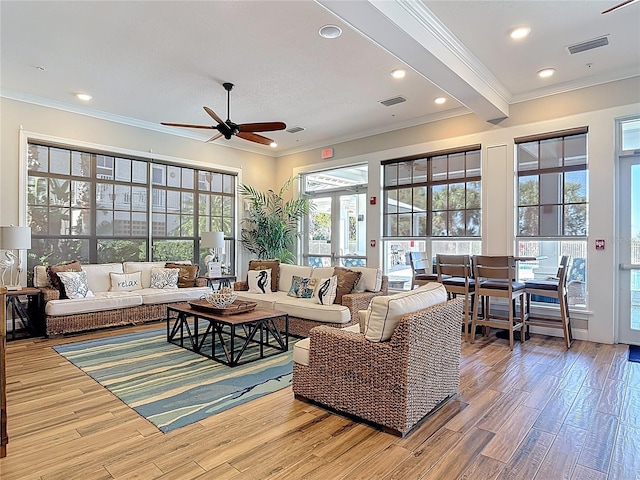 living room featuring wood finished floors, ceiling fan, and ornamental molding