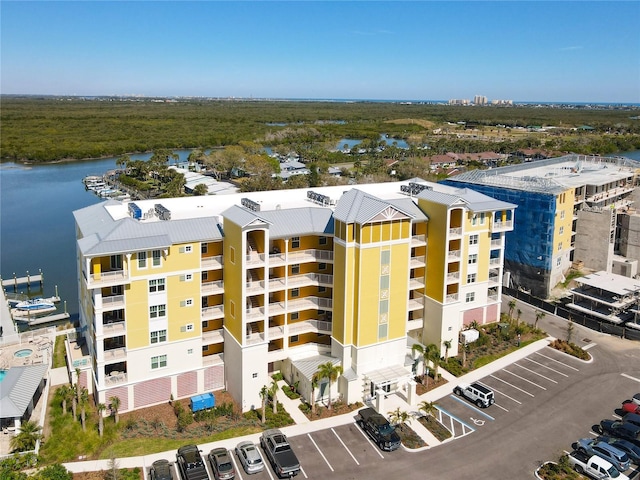 drone / aerial view featuring a water view