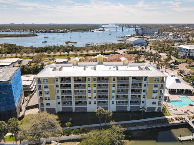 drone / aerial view featuring a water view