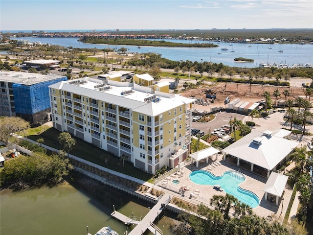 aerial view featuring a water view