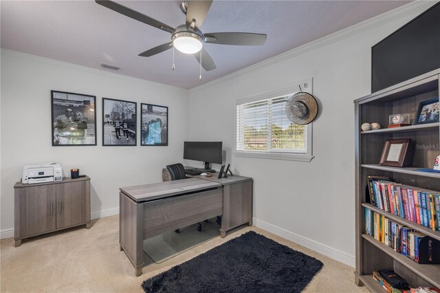 550 Bottlebrush Ct, New Smyrna Beach, FL 32168 - office area with light colored carpet, ornamental molding, ceiling fan, and baseboards