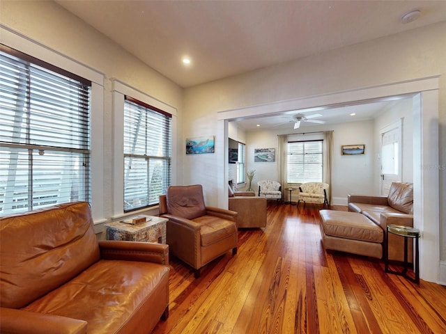 536 Faulkner St, New Smyrna Beach, FL 32168 - living room with recessed lighting, hardwood / wood-style flooring, a healthy amount of sunlight, and ceiling fan