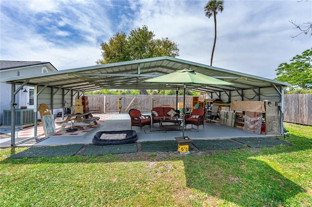 view of patio with central AC, an outdoor hangout area, and a fenced backyard