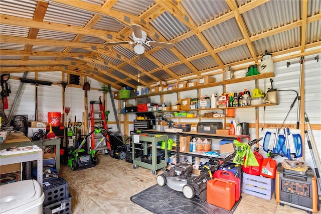 storage area featuring a ceiling fan
