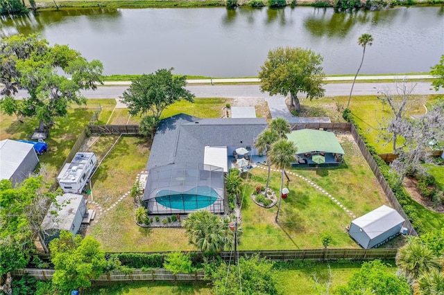 birds eye view of property featuring a water view