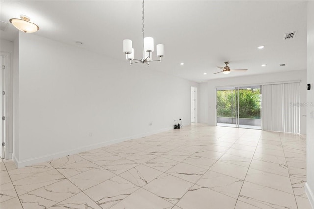 11 Lyons Pl, Palm Coast, FL 32137 - spare room with recessed lighting, ceiling fan, a chandelier, light marble finish flooring, and baseboards