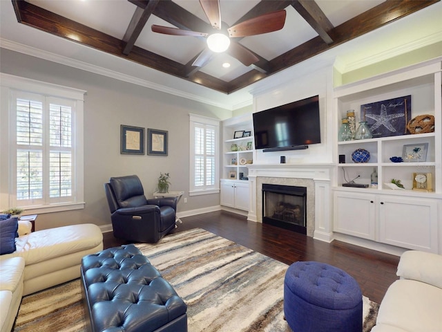 2656 Old Smyrna Trl, New Smyrna Beach, FL 32168 - living room featuring dark wood-style flooring, baseboards, a fireplace, a ceiling fan, and coffered ceiling