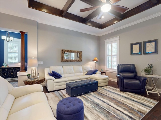 2656 Old Smyrna Trl, New Smyrna Beach, FL 32168 - living area featuring baseboards, wood finished floors, beam ceiling, ceiling fan with notable chandelier, and coffered ceiling