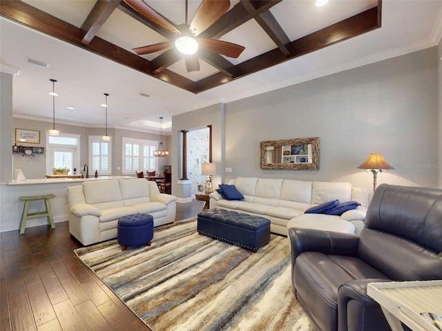 2656 Old Smyrna Trl, New Smyrna Beach, FL 32168 - living room featuring coffered ceiling, dark wood-style flooring, beamed ceiling, visible vents, and ceiling fan