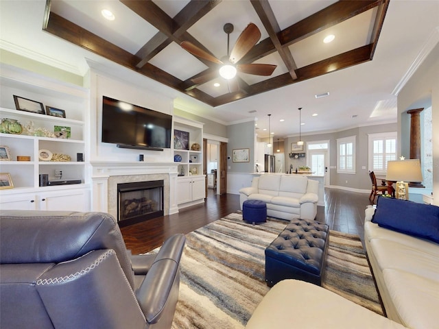 2656 Old Smyrna Trl, New Smyrna Beach, FL 32168 - living room with dark wood-style flooring, ceiling fan, coffered ceiling, and beam ceiling