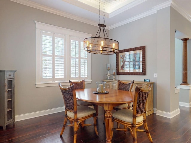 2656 Old Smyrna Trl, New Smyrna Beach, FL 32168 - dining room with ornamental molding, a notable chandelier, dark wood-type flooring, and baseboards