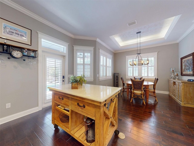 2656 Old Smyrna Trl, New Smyrna Beach, FL 32168 - kitchen featuring an inviting chandelier, a raised ceiling, ornamental molding, and dark wood-style floors