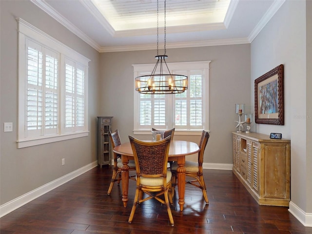 2656 Old Smyrna Trl, New Smyrna Beach, FL 32168 - dining area featuring a notable chandelier, a tray ceiling, baseboards, and dark wood-type flooring