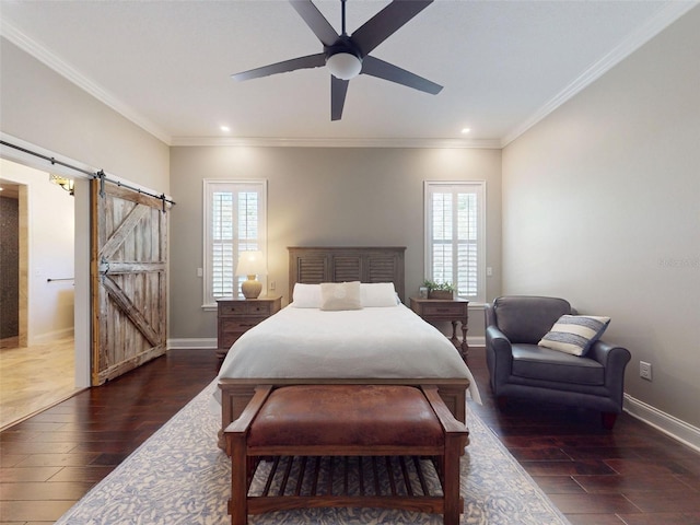 2656 Old Smyrna Trl, New Smyrna Beach, FL 32168 - bedroom with crown molding, baseboards, a barn door, and wood finished floors