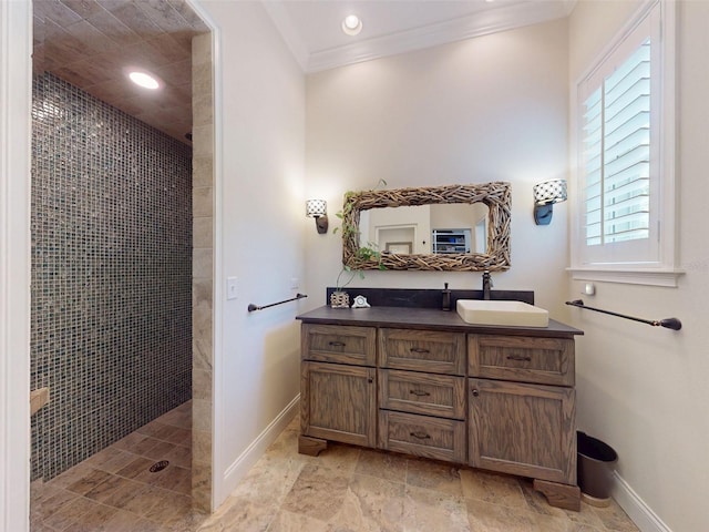 2656 Old Smyrna Trl, New Smyrna Beach, FL 32168 - bathroom with vanity, baseboards, walk in shower, and crown molding