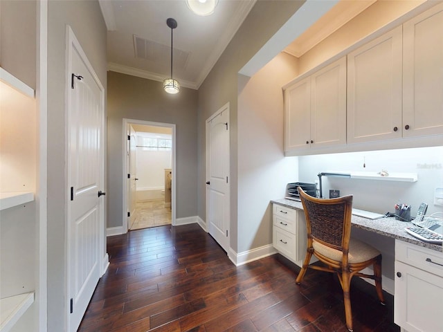 2656 Old Smyrna Trl, New Smyrna Beach, FL 32168 - office space with visible vents, crown molding, baseboards, built in desk, and dark wood finished floors
