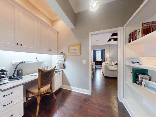 2656 Old Smyrna Trl, New Smyrna Beach, FL 32168 - office area with dark wood-style floors, ornamental molding, baseboards, and built in study area
