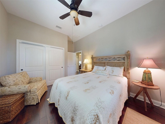 2656 Old Smyrna Trl, New Smyrna Beach, FL 32168 - bedroom featuring a closet, visible vents, hardwood / wood-style flooring, baseboards, and lofted ceiling