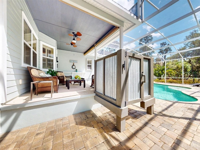 2656 Old Smyrna Trl, New Smyrna Beach, FL 32168 - view of patio with an outdoor pool, a lanai, an outdoor living space, and ceiling fan