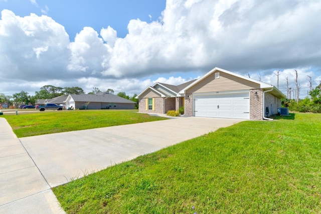 208 Lagoon Mist Ct, Oak Hill, FL 32759 - ranch-style home with central air condition unit, an attached garage, a front yard, brick siding, and driveway