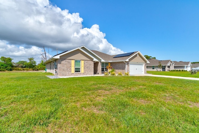 208 Lagoon Mist Ct, Oak Hill, FL 32759 - single story home featuring a front lawn, solar panels, an attached garage, and brick siding