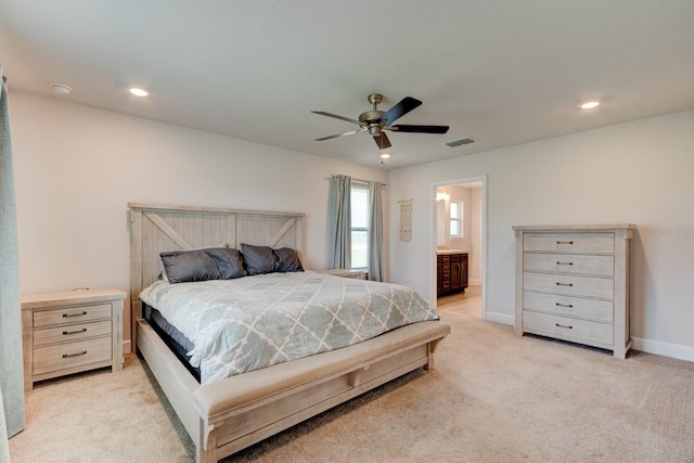 208 Lagoon Mist Ct, Oak Hill, FL 32759 - bedroom featuring visible vents, baseboards, ceiling fan, recessed lighting, and light carpet