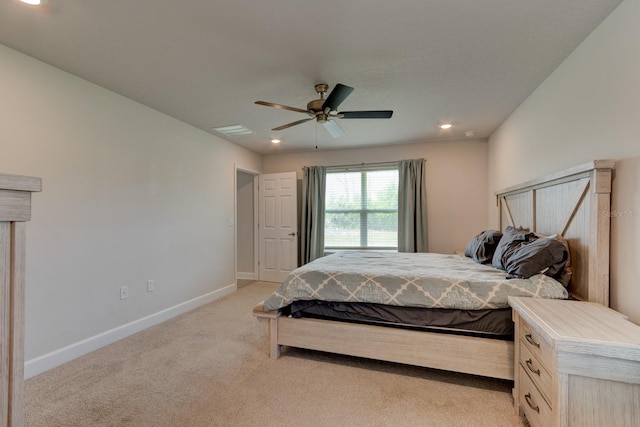 208 Lagoon Mist Ct, Oak Hill, FL 32759 - bedroom with baseboards, light colored carpet, ceiling fan, and recessed lighting