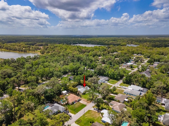 aerial view featuring a water view, a view of trees, and a residential view