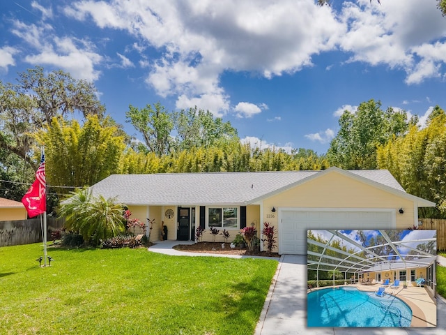 ranch-style home with an attached garage, a front yard, fence, an outdoor pool, and a shingled roof