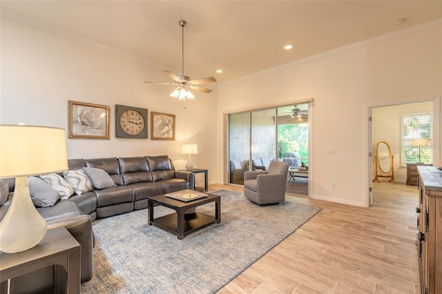 3331 Torre Blvd, New Smyrna Beach, FL 32168 - living area with crown molding, a ceiling fan, baseboards, recessed lighting, and light wood-type flooring