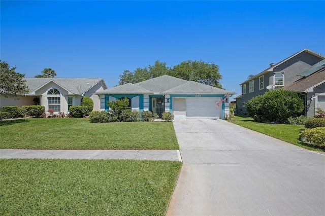 single story home featuring a garage, a front lawn, and concrete driveway