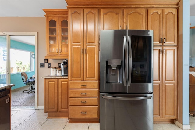 kitchen with glass insert cabinets, dishwasher, brown cabinetry, and stainless steel fridge with ice dispenser