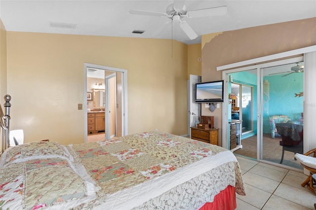 bedroom featuring a ceiling fan, lofted ceiling, light tile patterned flooring, and visible vents