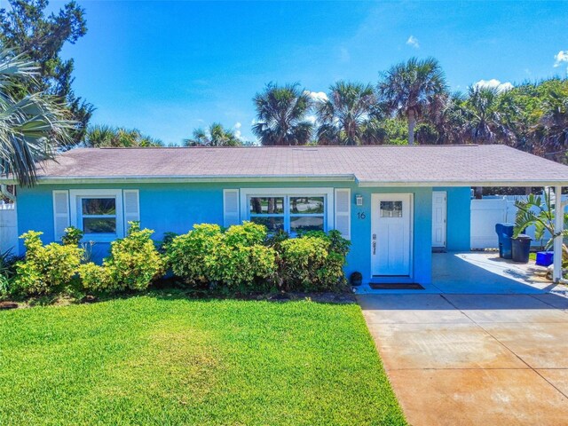 16 Hillside Dr, New Smyrna Beach, FL 32169 - single story home with a carport, driveway, a front yard, and stucco siding