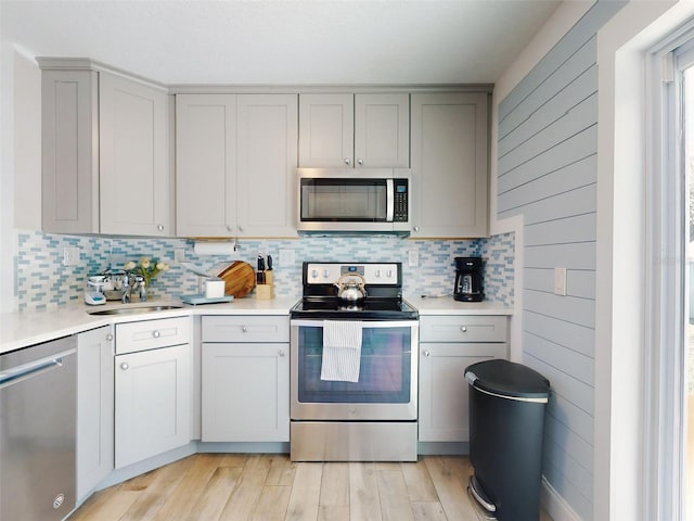 16 Hillside Dr, New Smyrna Beach, FL 32169 - kitchen featuring gray cabinets, appliances with stainless steel finishes, a sink, light countertops, and backsplash