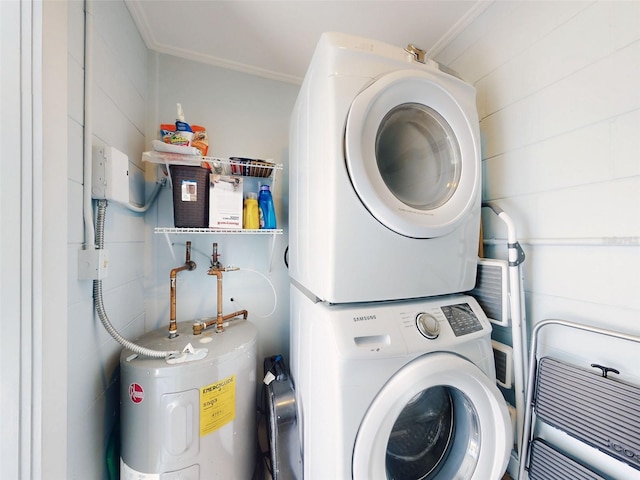 16 Hillside Dr, New Smyrna Beach, FL 32169 - laundry room featuring stacked washer / dryer, laundry area, ornamental molding, and electric water heater