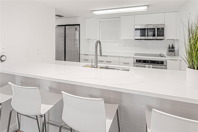 705 N Atlantic Ave Unit 4030, New Smyrna Beach, FL 32169 - kitchen featuring light stone countertops, a sink, modern cabinets, white cabinetry, and appliances with stainless steel finishes
