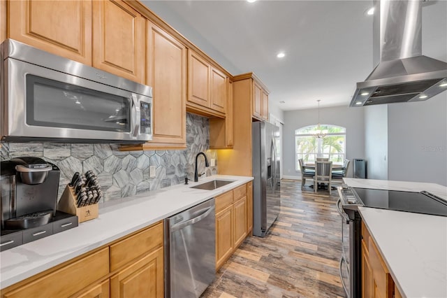 kitchen with an inviting chandelier, tasteful backsplash, ventilation hood, a sink, and stainless steel appliances