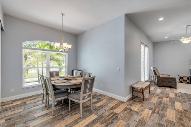 dining space featuring wood finished floors, recessed lighting, baseboards, and a healthy amount of sunlight