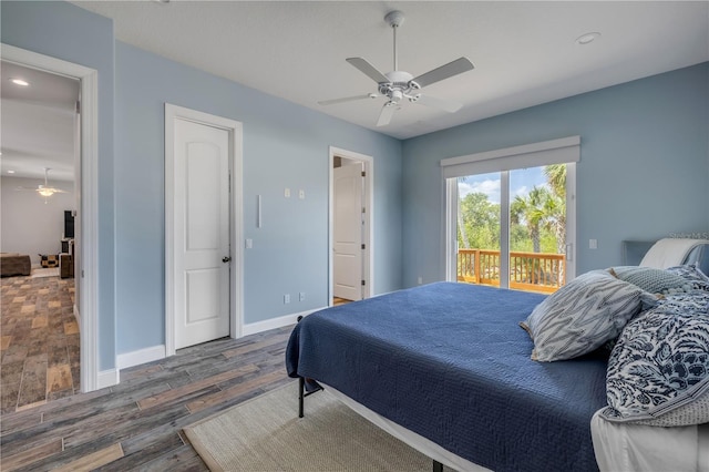 bedroom featuring baseboards, recessed lighting, access to exterior, ceiling fan, and wood finished floors