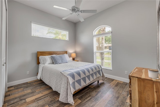 bedroom featuring dark wood-style flooring, multiple windows, and baseboards