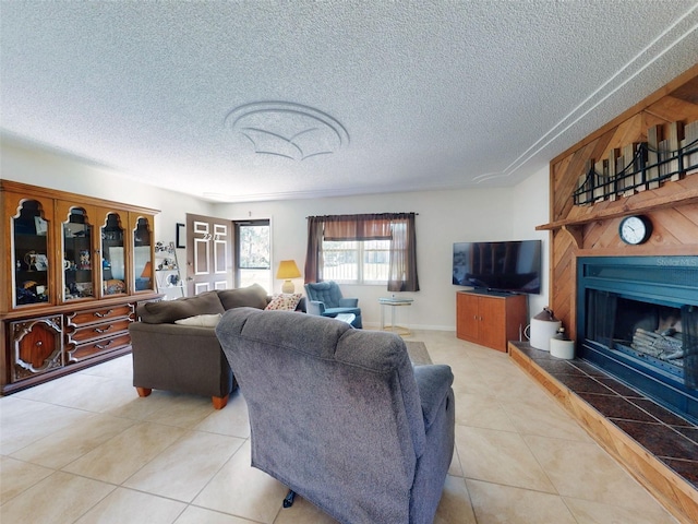 2218 Orange Tree Dr, Edgewater, FL 32141 - living room with a tile fireplace, a textured ceiling, and light tile patterned floors