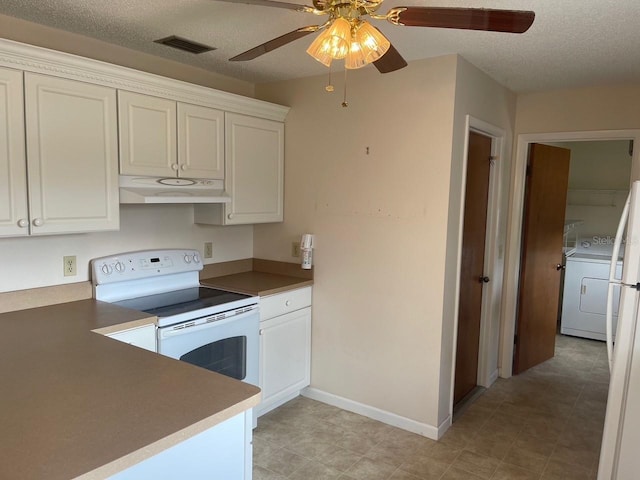 3048 Unity Tree Dr, Edgewater, FL 32141 - kitchen featuring under cabinet range hood, ceiling fan, white cabinets, and electric range