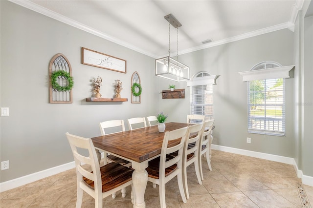 495 Venetian Villa Dr, New Smyrna Beach, FL 32168 - dining area with crown molding, light tile patterned floors, baseboards, and visible vents