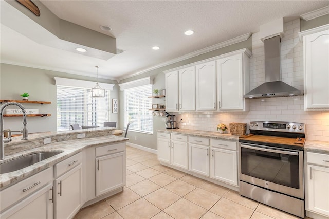 495 Venetian Villa Dr, New Smyrna Beach, FL 32168 - kitchen featuring wall chimney range hood, open shelves, white cabinetry, stainless steel range with electric stovetop, and a sink