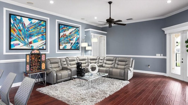 living room featuring baseboards, a ceiling fan, and dark wood-style floors