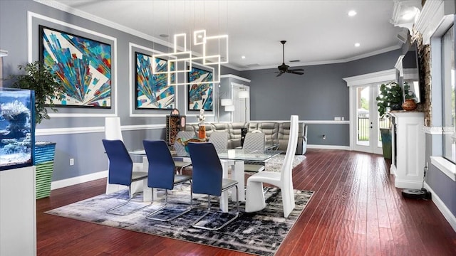 dining room featuring a ceiling fan, hardwood / wood-style flooring, baseboards, ornamental molding, and recessed lighting
