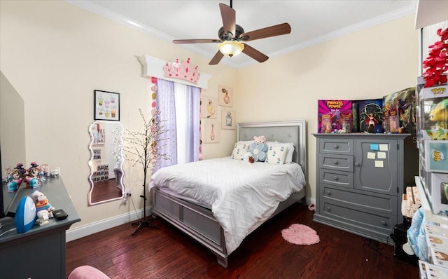 bedroom featuring dark wood-style flooring, baseboards, ornamental molding, and ceiling fan