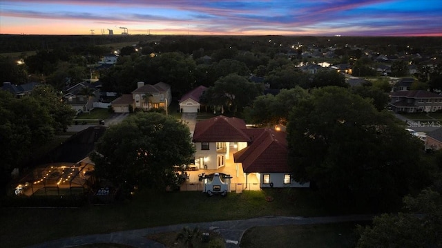 view of aerial view at dusk