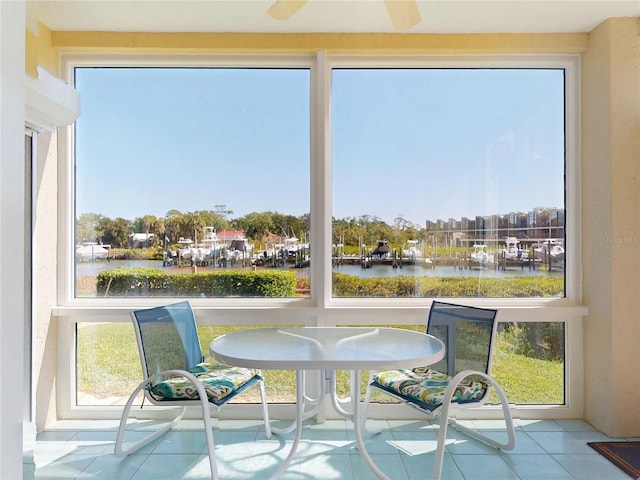 sunroom / solarium with a water view
